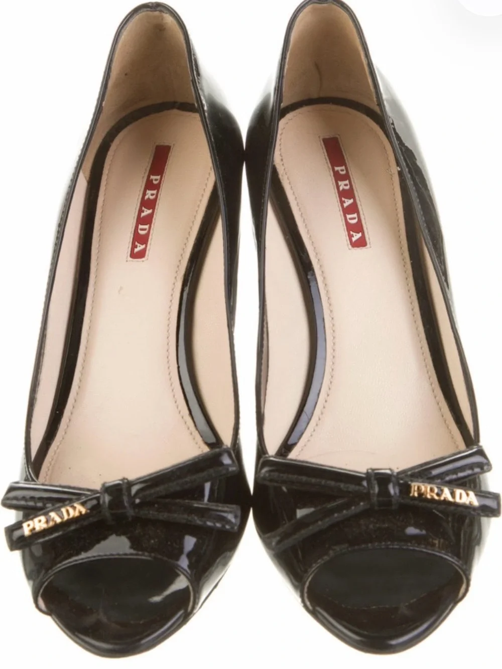 Prada Black Patent Leather Peep-Toe Wedges with Bow and Gold Accent